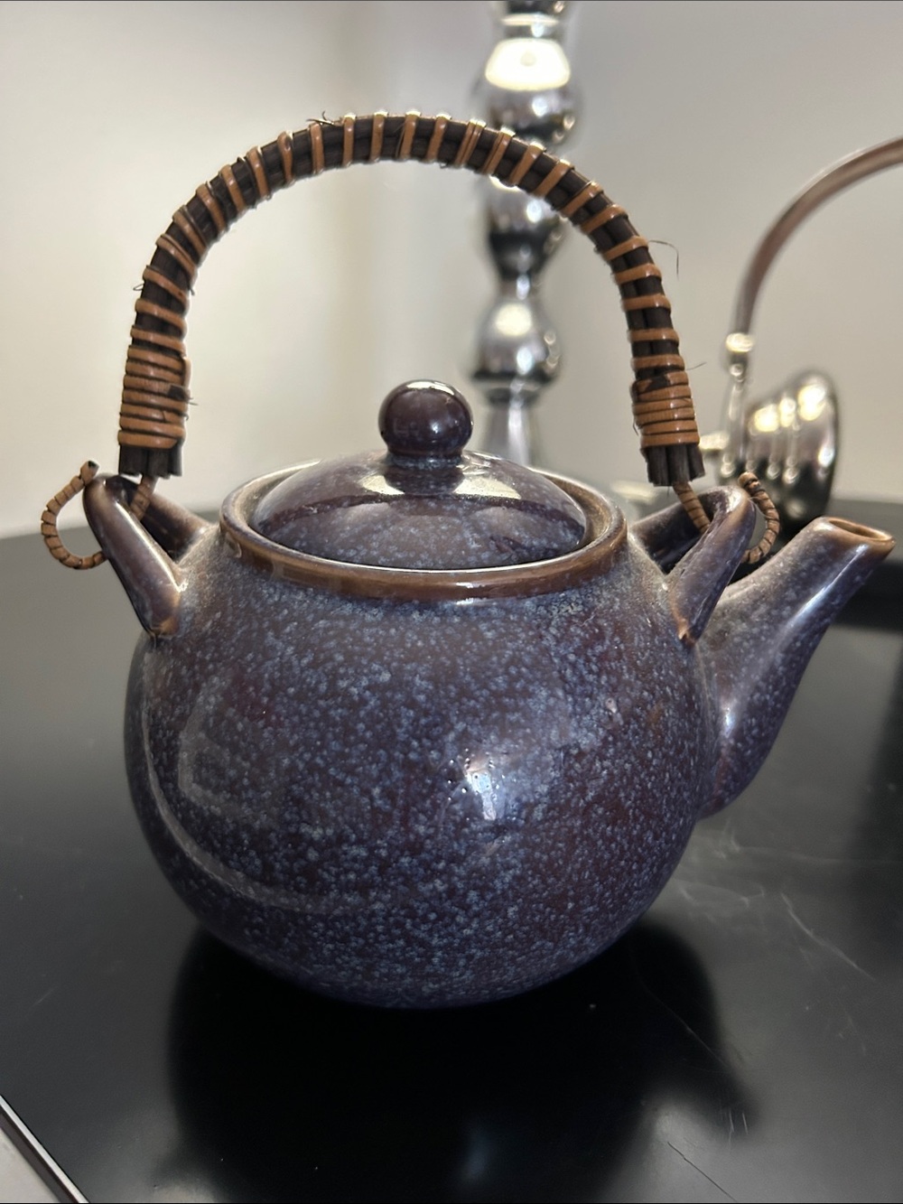 Teavana Teapot with Wicker Handle Glossy Blue Glaze